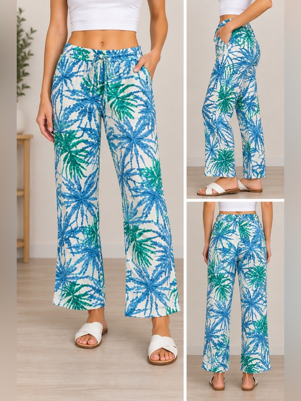 Dash Women's Blue & Green Palm Print Pants Small